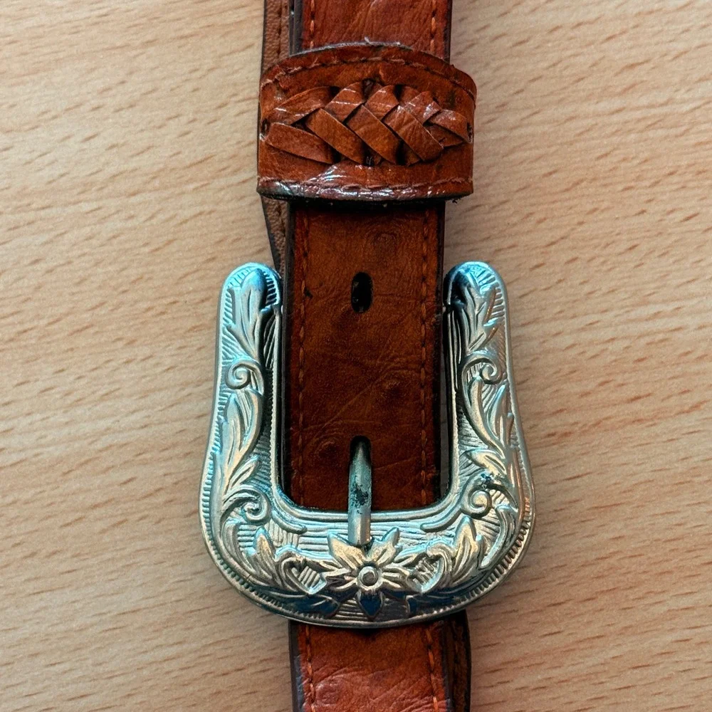Western Scalloped Concho Belt Silver Engraved Buckle Brown Ostrich Print Large